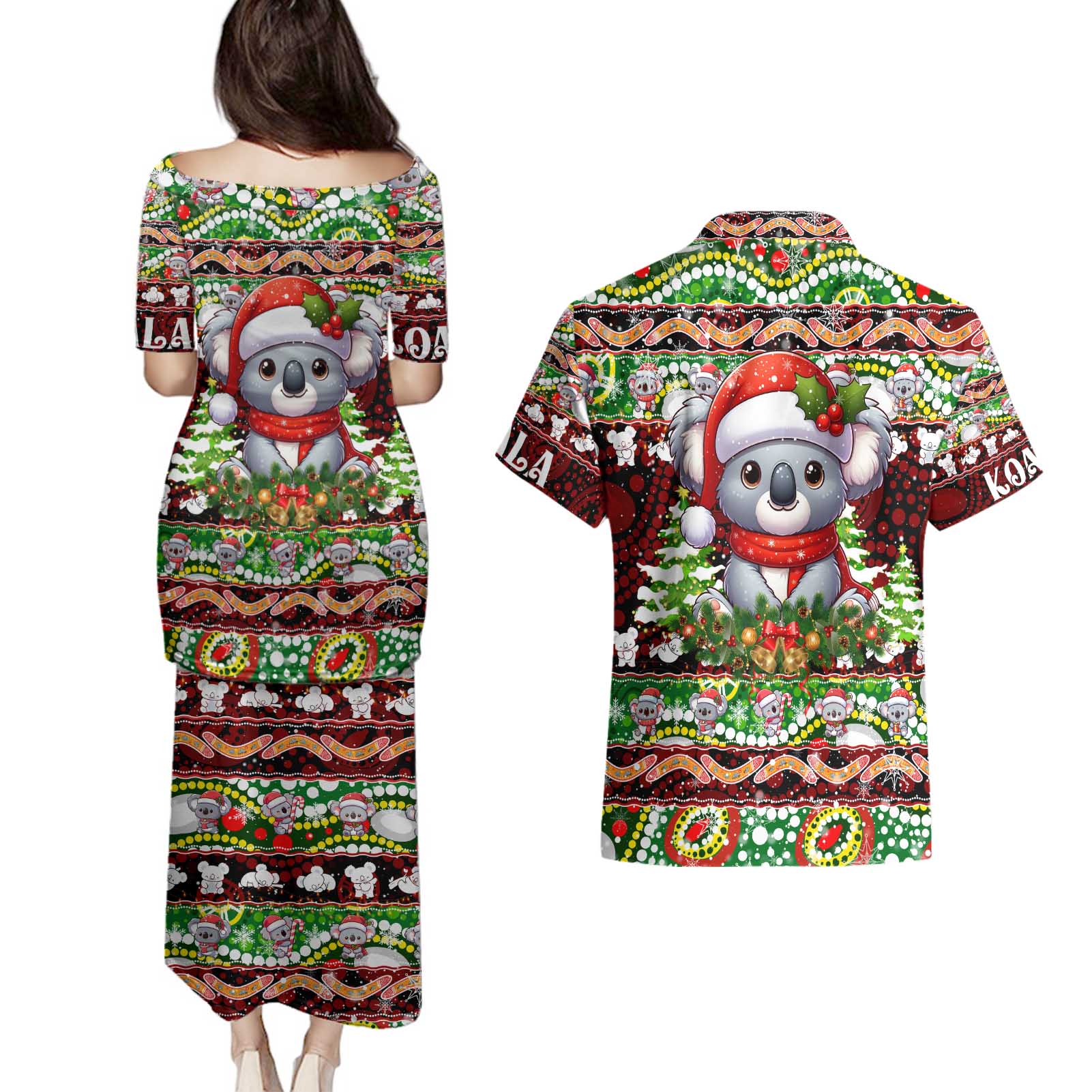 Koala Christmas Couples Matching Puletasi and Hawaiian Shirt Australia Aboriginal Cute Santa Koalas - Aussie Hoodie