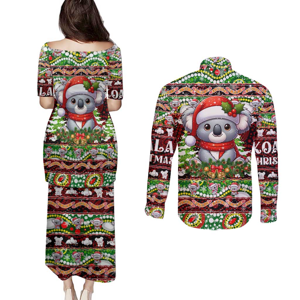 Koala Christmas Couples Matching Puletasi and Long Sleeve Button Shirt Australia Aboriginal Cute Santa Koalas - Aussie Hoodie