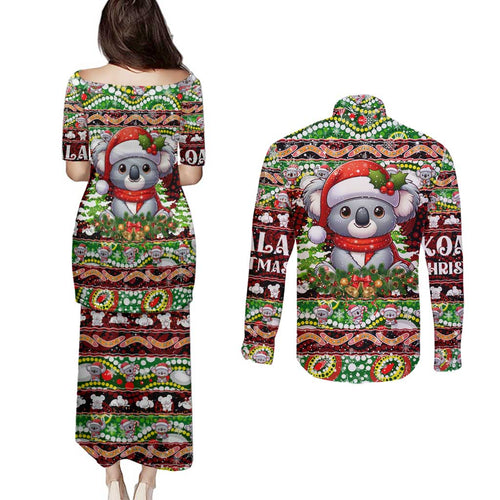 Koala Christmas Couples Matching Puletasi and Long Sleeve Button Shirt Australia Aboriginal Cute Santa Koalas - Aussie Hoodie