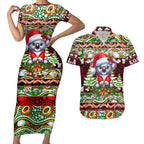 Koala Christmas Couples Matching Short Sleeve Bodycon Dress and Hawaiian Shirt Australia Aboriginal Cute Santa Koalas - Aussie Hoodie