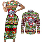 Koala Christmas Couples Matching Short Sleeve Bodycon Dress and Long Sleeve Button Shirt Australia Aboriginal Cute Santa Koalas - Aussie Hoodie