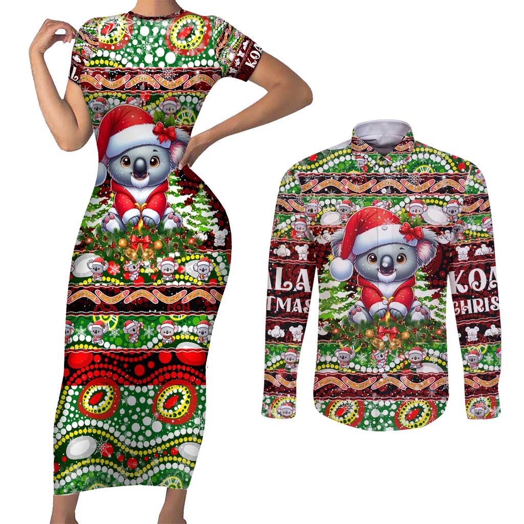 Koala Christmas Couples Matching Short Sleeve Bodycon Dress and Long Sleeve Button Shirt Australia Aboriginal Cute Santa Koalas - Aussie Hoodie