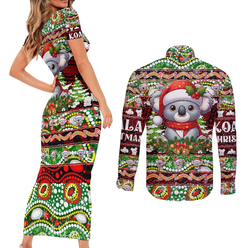 Koala Christmas Couples Matching Short Sleeve Bodycon Dress and Long Sleeve Button Shirt Australia Aboriginal Cute Santa Koalas - Aussie Hoodie