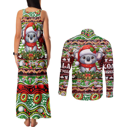 Koala Christmas Couples Matching Tank Maxi Dress and Long Sleeve Button Shirt Australia Aboriginal Cute Santa Koalas - Aussie Hoodie