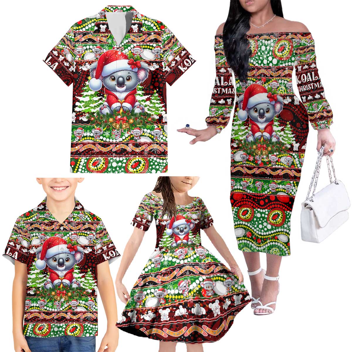Koala Christmas Family Matching Off The Shoulder Long Sleeve Dress and Hawaiian Shirt Australia Aboriginal Cute Santa Koalas - Aussie Hoodie