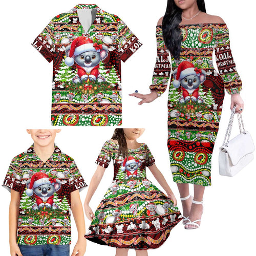 Koala Christmas Family Matching Off The Shoulder Long Sleeve Dress and Hawaiian Shirt Australia Aboriginal Cute Santa Koalas - Aussie Hoodie