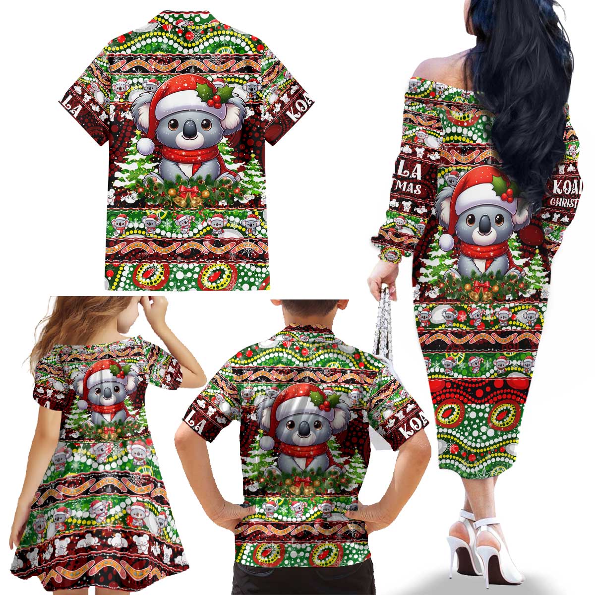Koala Christmas Family Matching Off The Shoulder Long Sleeve Dress and Hawaiian Shirt Australia Aboriginal Cute Santa Koalas - Aussie Hoodie