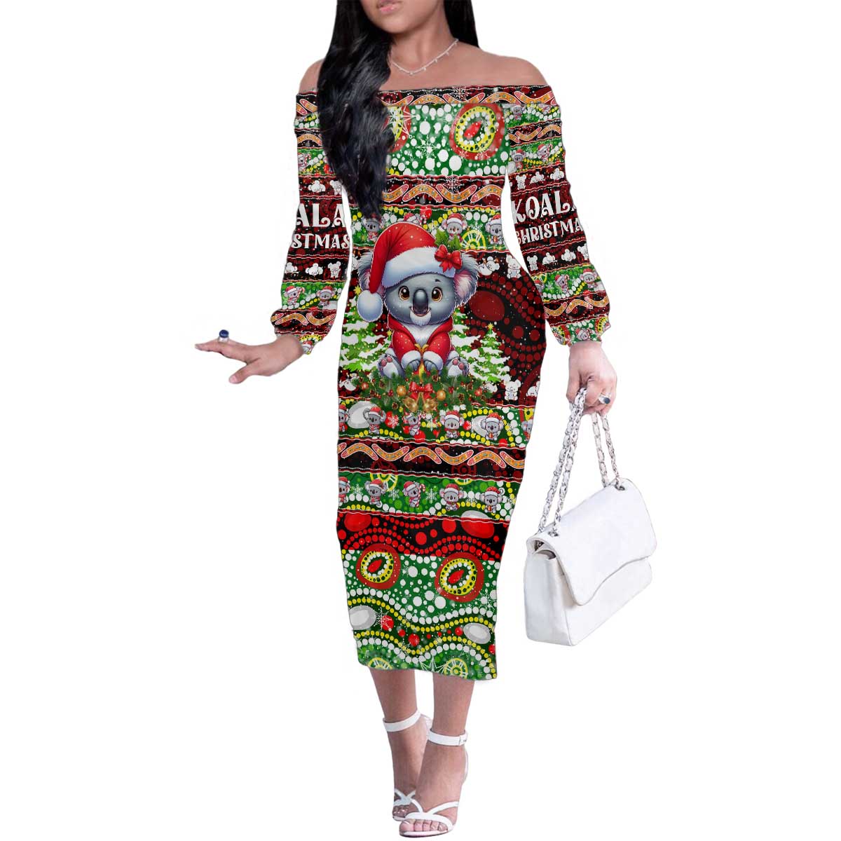 Koala Christmas Family Matching Off The Shoulder Long Sleeve Dress and Hawaiian Shirt Australia Aboriginal Cute Santa Koalas - Aussie Hoodie