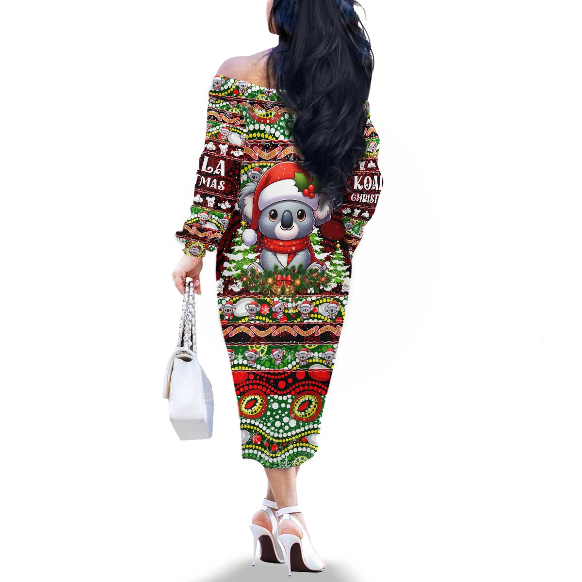 Koala Christmas Family Matching Off The Shoulder Long Sleeve Dress and Hawaiian Shirt Australia Aboriginal Cute Santa Koalas - Aussie Hoodie