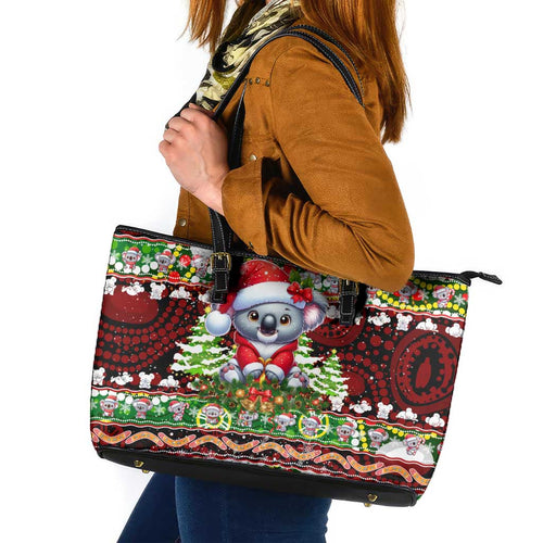 Koala Christmas Leather Tote Bag Australia Aboriginal Cute Santa Koalas - Aussie Hoodie