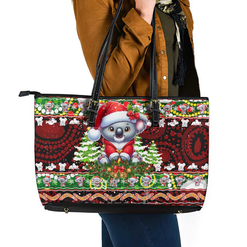 Koala Christmas Leather Tote Bag Australia Aboriginal Cute Santa Koalas - Aussie Hoodie