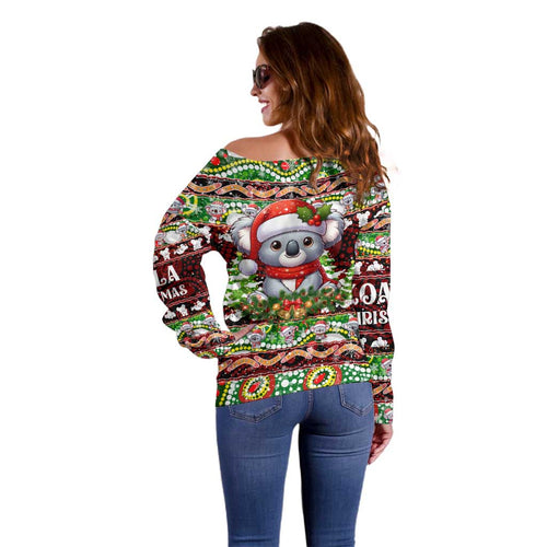 Koala Christmas Off Shoulder Sweater Australia Aboriginal Cute Santa Koalas - Aussie Hoodie