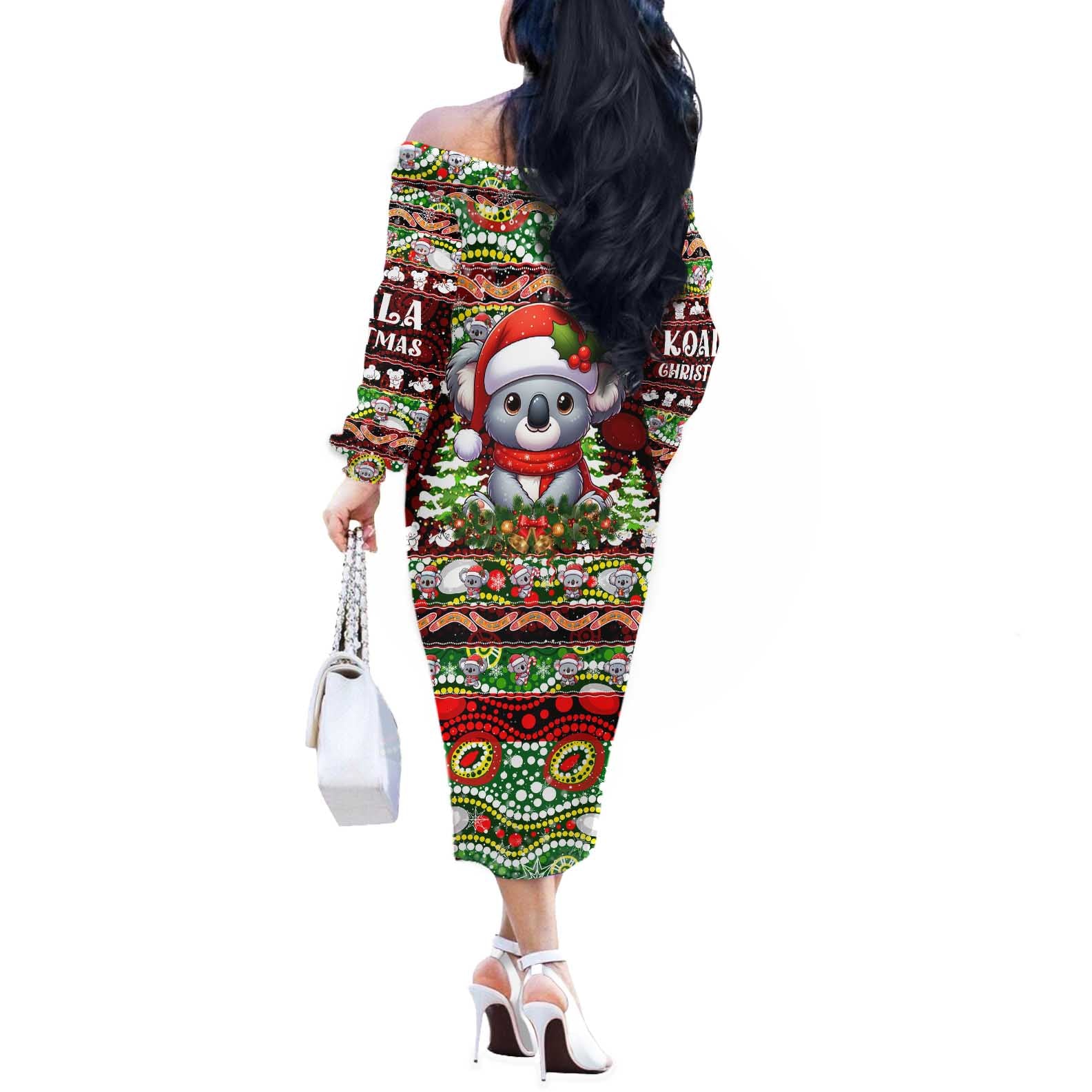Koala Christmas Off The Shoulder Long Sleeve Dress Australia Aboriginal Cute Santa Koalas - Aussie Hoodie