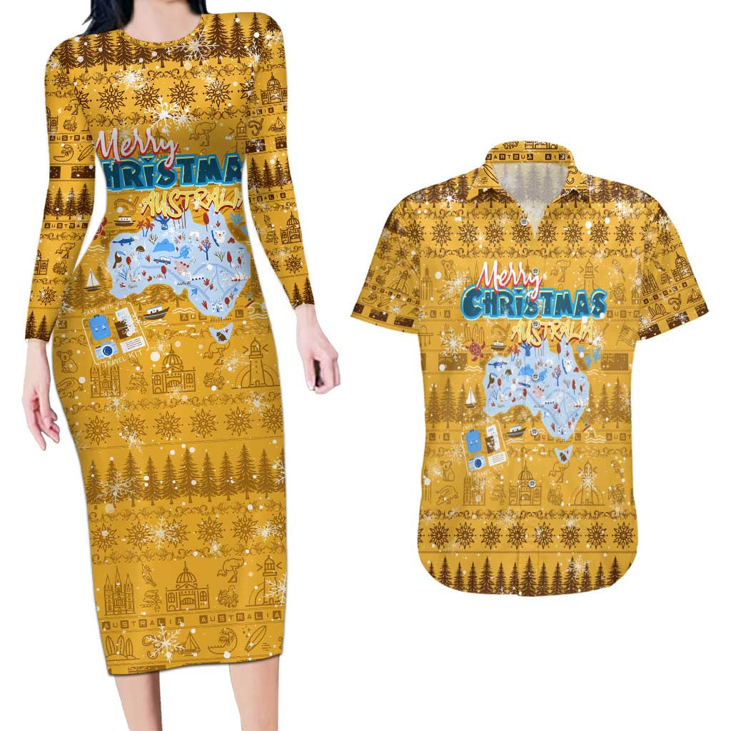 Merry Christmas Australia Couples Matching Long Sleeve Bodycon Dress and Hawaiian Shirt Xmas Travel Map - Aussie Hoodie