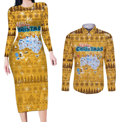 Merry Christmas Australia Couples Matching Long Sleeve Bodycon Dress and Long Sleeve Button Shirt Xmas Travel Map - Aussie Hoodie