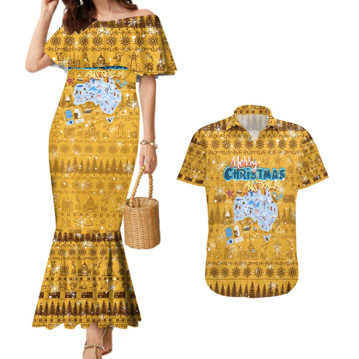 Merry Christmas Australia Couples Matching Mermaid Dress and Hawaiian Shirt Xmas Travel Map - Aussie Hoodie