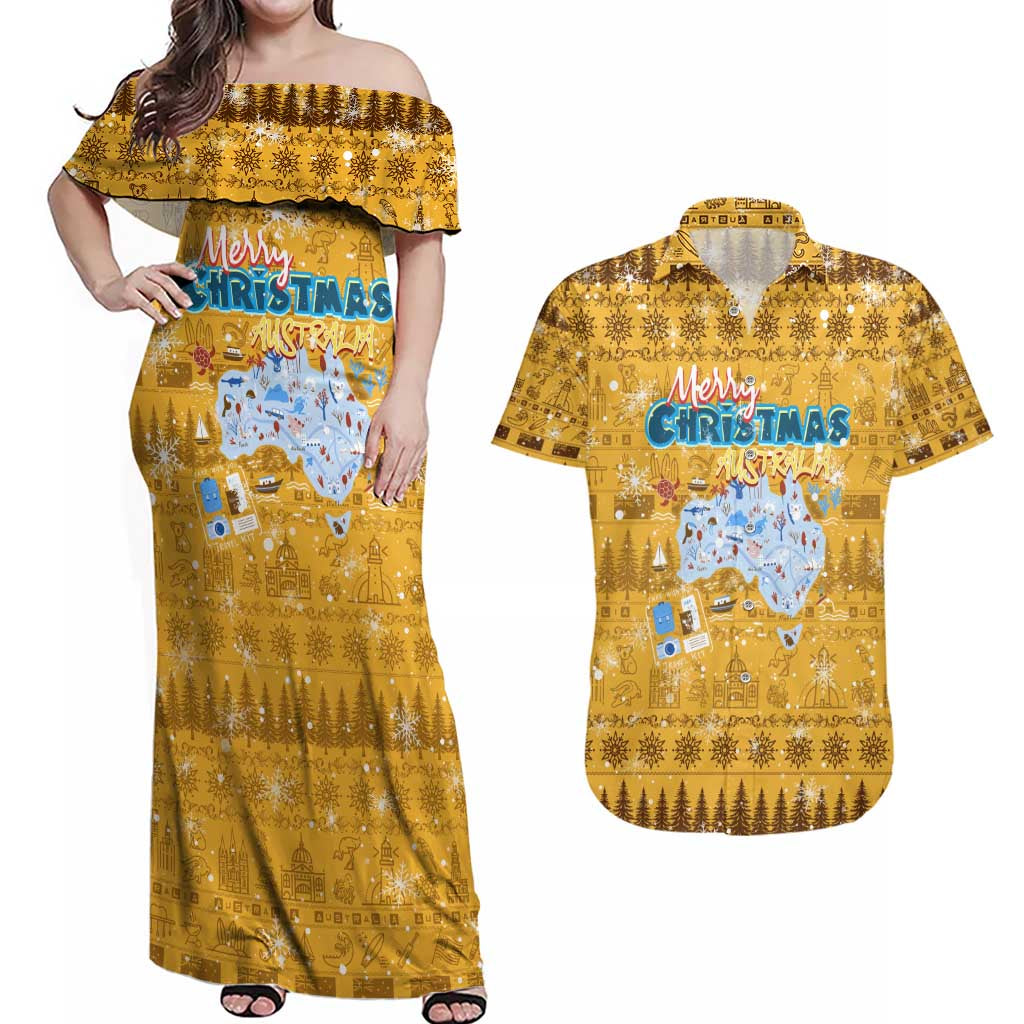 Merry Christmas Australia Couples Matching Off Shoulder Maxi Dress and Hawaiian Shirt Xmas Travel Map - Aussie Hoodie