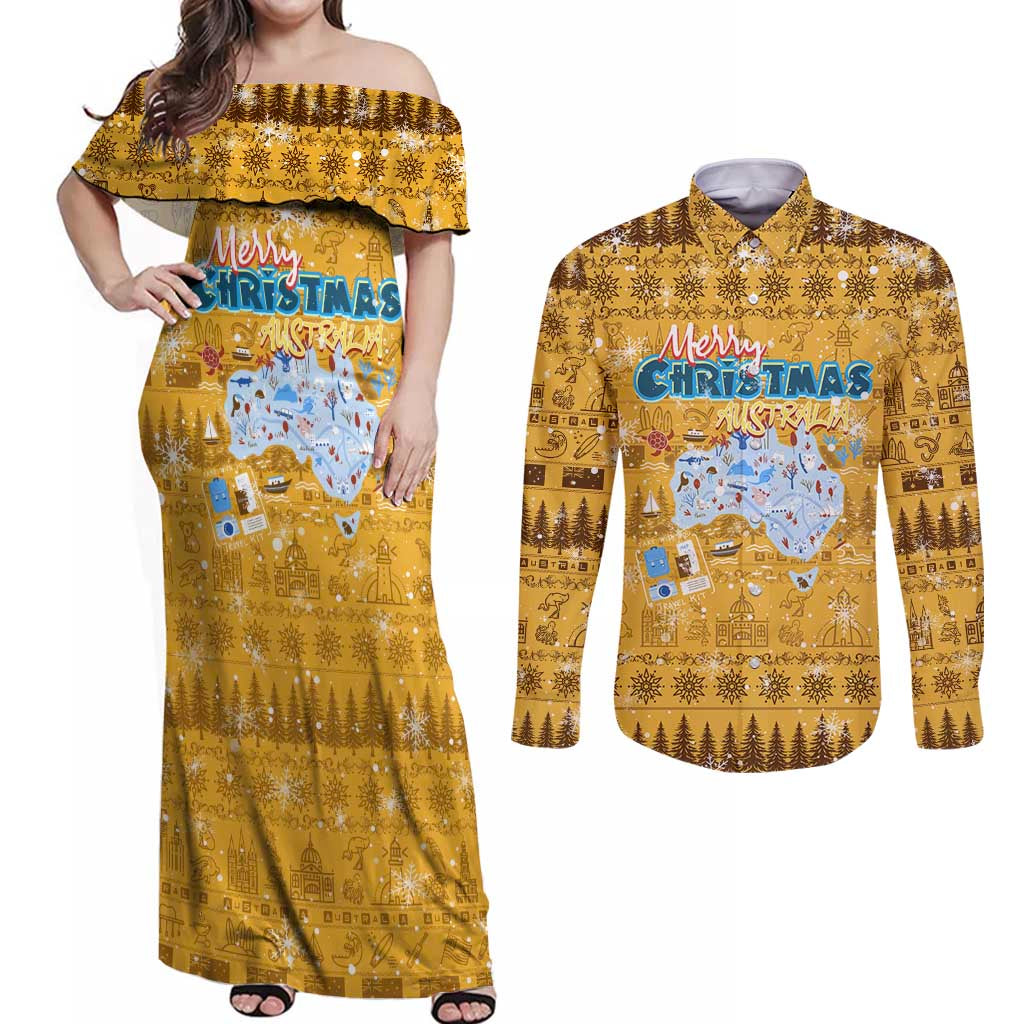 Merry Christmas Australia Couples Matching Off Shoulder Maxi Dress and Long Sleeve Button Shirt Xmas Travel Map - Aussie Hoodie