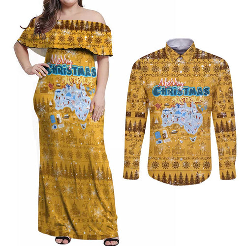 Merry Christmas Australia Couples Matching Off Shoulder Maxi Dress and Long Sleeve Button Shirt Xmas Travel Map - Aussie Hoodie