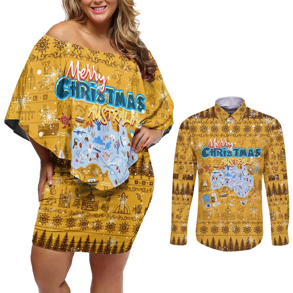 Merry Christmas Australia Couples Matching Off Shoulder Short Dress and Long Sleeve Button Shirt Xmas Travel Map - Aussie Hoodie