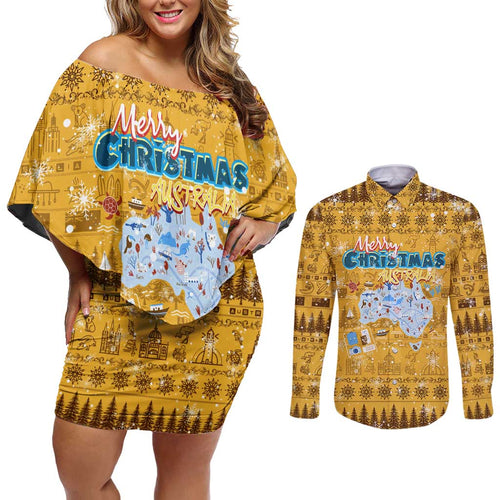 Merry Christmas Australia Couples Matching Off Shoulder Short Dress and Long Sleeve Button Shirt Xmas Travel Map - Aussie Hoodie