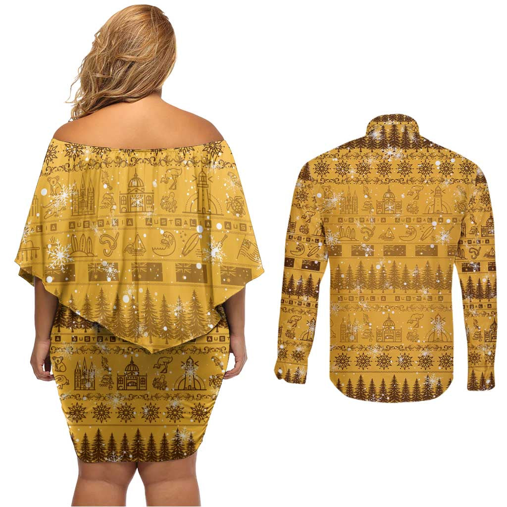 Merry Christmas Australia Couples Matching Off Shoulder Short Dress and Long Sleeve Button Shirt Xmas Travel Map - Aussie Hoodie