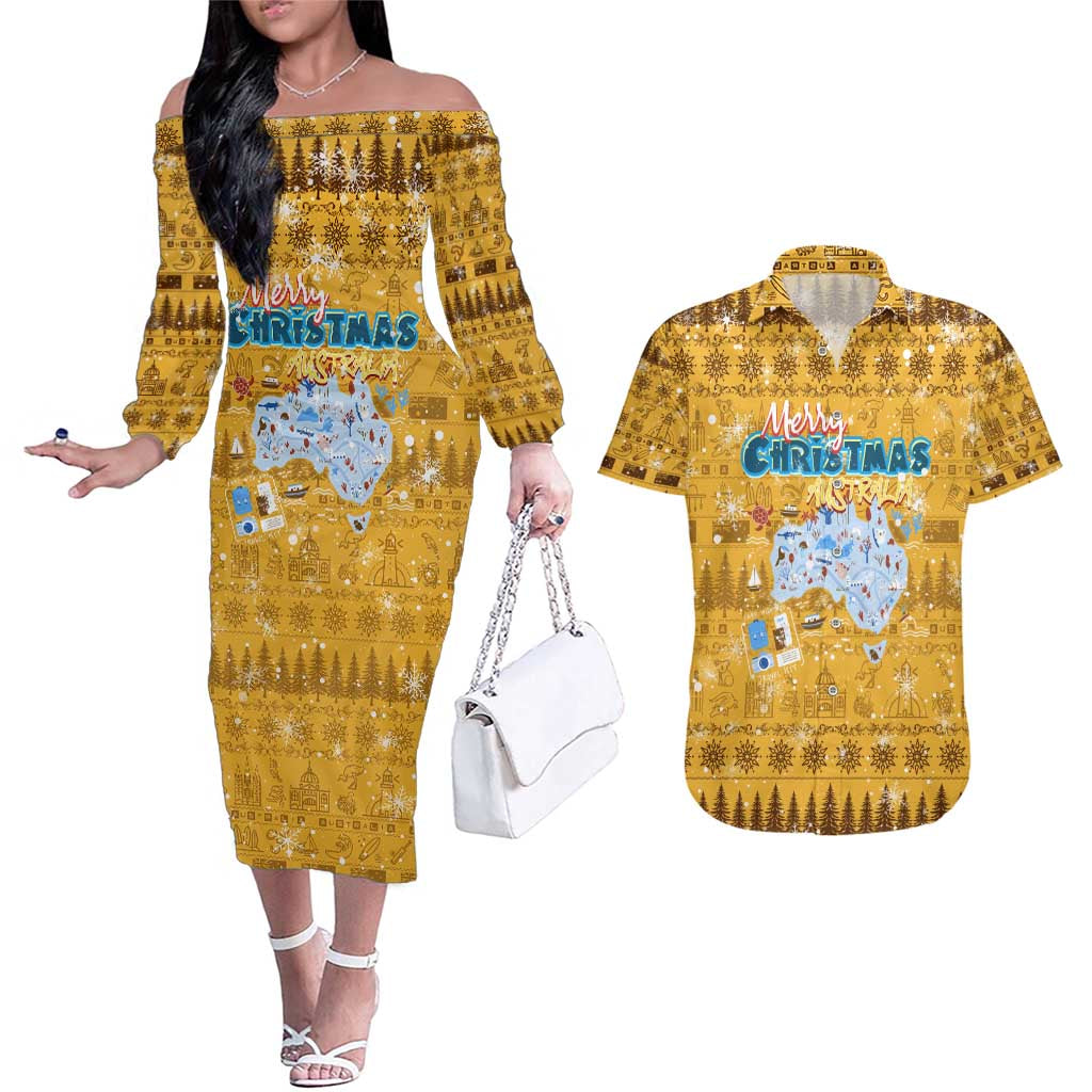 Merry Christmas Australia Couples Matching Off The Shoulder Long Sleeve Dress and Hawaiian Shirt Xmas Travel Map - Aussie Hoodie