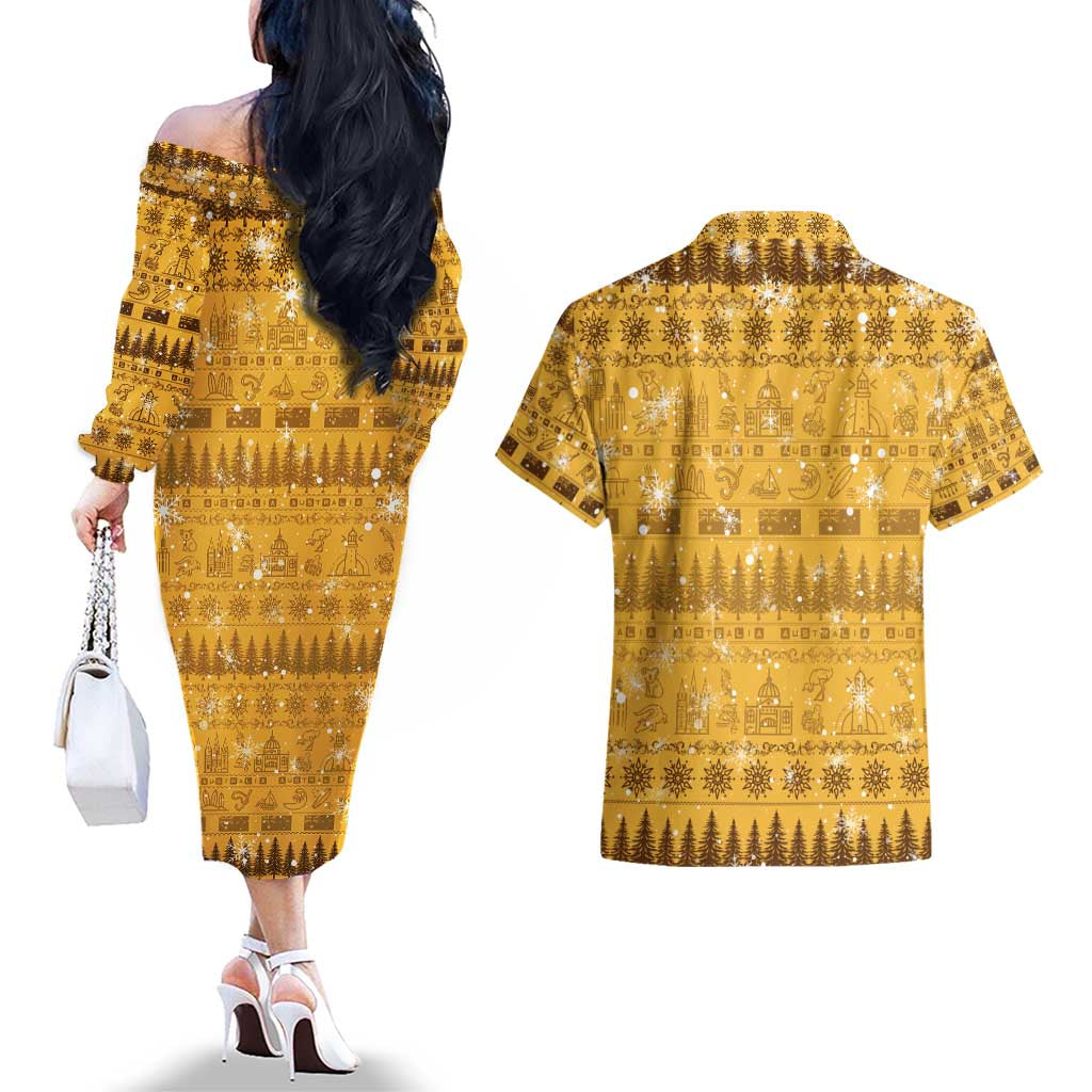 Merry Christmas Australia Couples Matching Off The Shoulder Long Sleeve Dress and Hawaiian Shirt Xmas Travel Map - Aussie Hoodie
