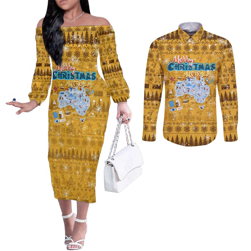 Merry Christmas Australia Couples Matching Off The Shoulder Long Sleeve Dress and Long Sleeve Button Shirt Xmas Travel Map - Aussie Hoodie