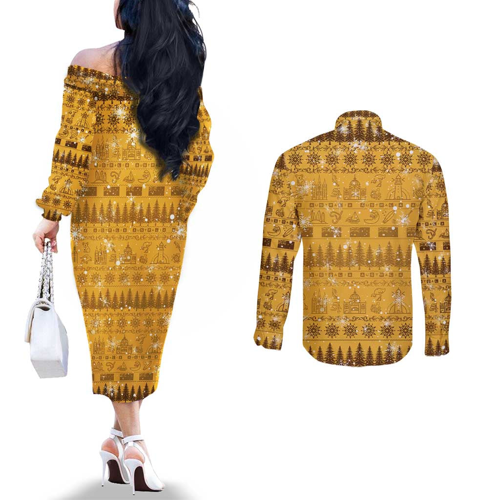 Merry Christmas Australia Couples Matching Off The Shoulder Long Sleeve Dress and Long Sleeve Button Shirt Xmas Travel Map - Aussie Hoodie