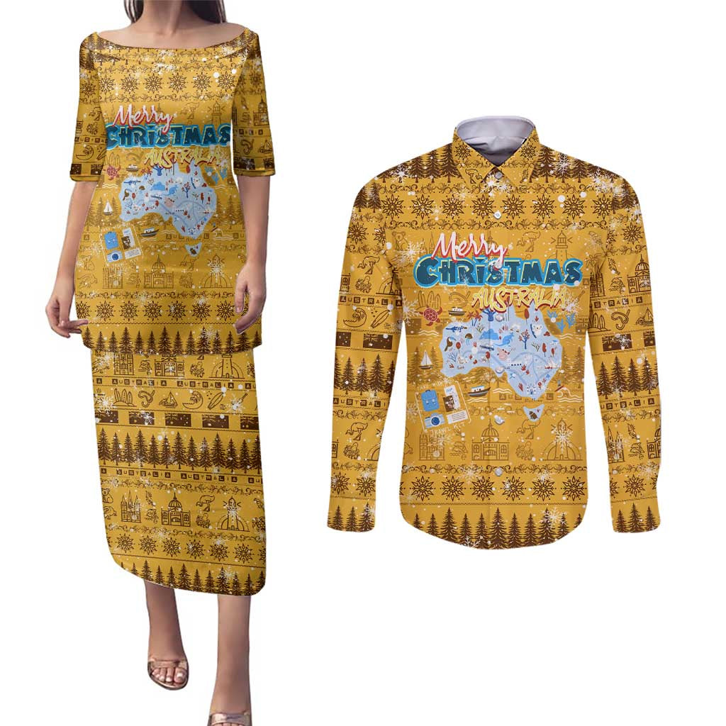 Merry Christmas Australia Couples Matching Puletasi and Long Sleeve Button Shirt Xmas Travel Map - Aussie Hoodie