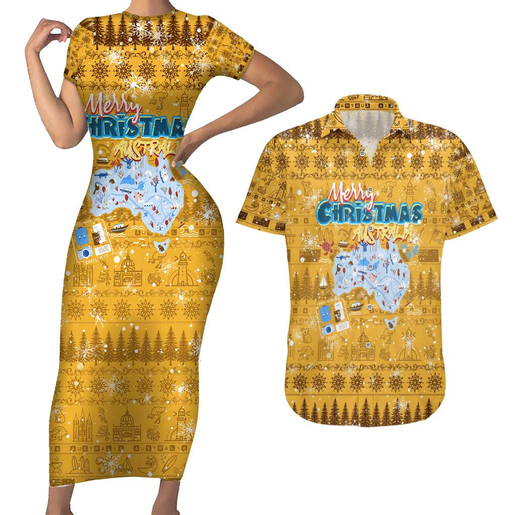 Merry Christmas Australia Couples Matching Short Sleeve Bodycon Dress and Hawaiian Shirt Xmas Travel Map - Aussie Hoodie