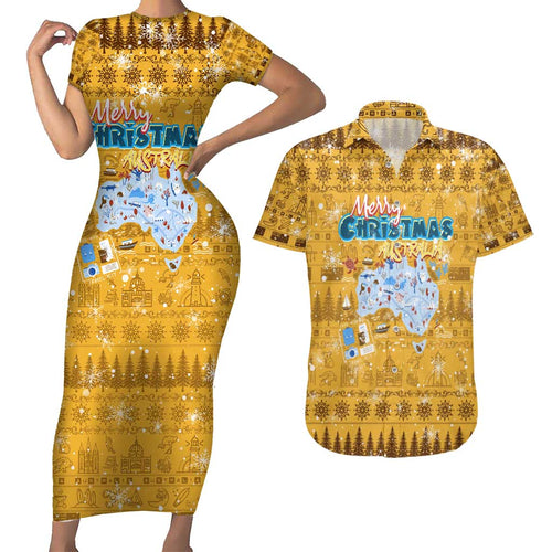 Merry Christmas Australia Couples Matching Short Sleeve Bodycon Dress and Hawaiian Shirt Xmas Travel Map - Aussie Hoodie