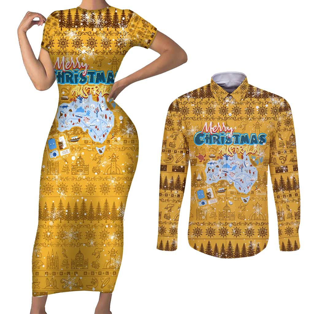 Merry Christmas Australia Couples Matching Short Sleeve Bodycon Dress and Long Sleeve Button Shirt Xmas Travel Map - Aussie Hoodie