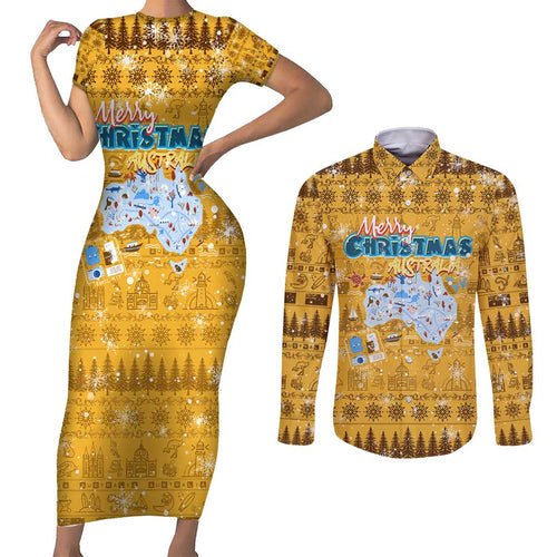 Merry Christmas Australia Couples Matching Short Sleeve Bodycon Dress and Long Sleeve Button Shirt Xmas Travel Map - Aussie Hoodie