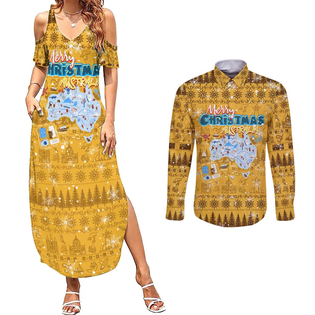 Merry Christmas Australia Couples Matching Summer Maxi Dress and Long Sleeve Button Shirt Xmas Travel Map - Aussie Hoodie