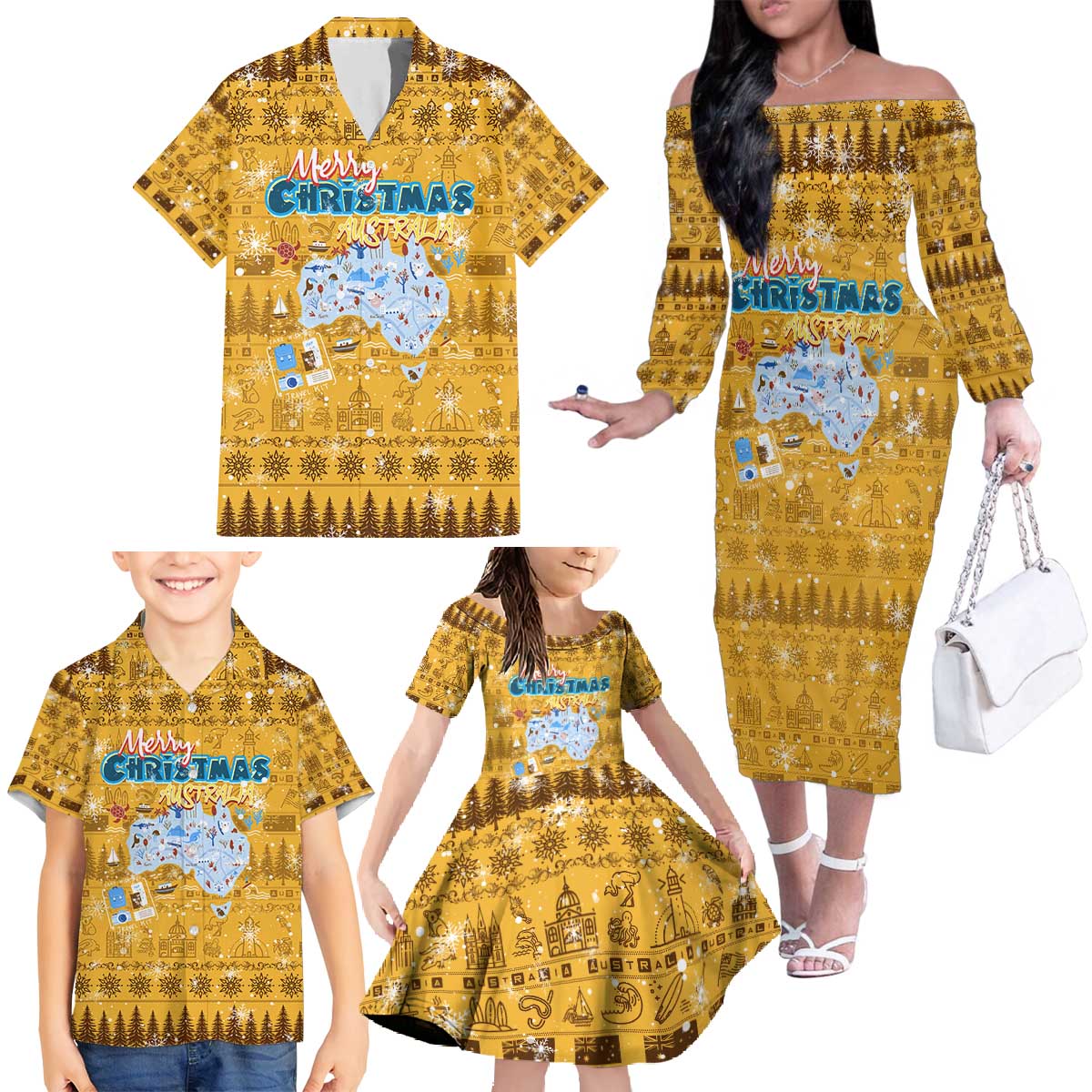 Merry Christmas Australia Family Matching Off The Shoulder Long Sleeve Dress and Hawaiian Shirt Xmas Travel Map - Aussie Hoodie
