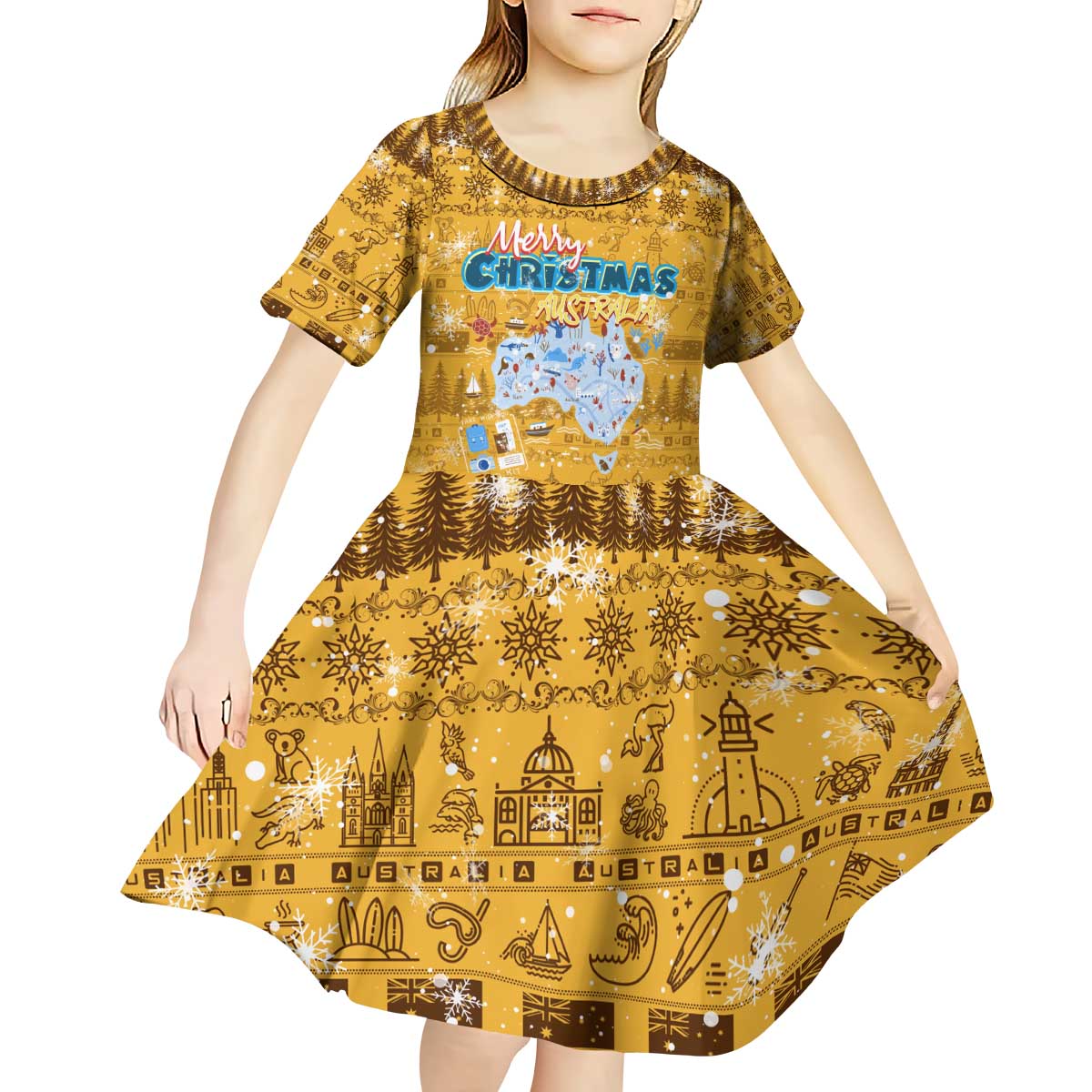 Merry Christmas Australia Kid Short Sleeve Dress Xmas Travel Map - Aussie Hoodie