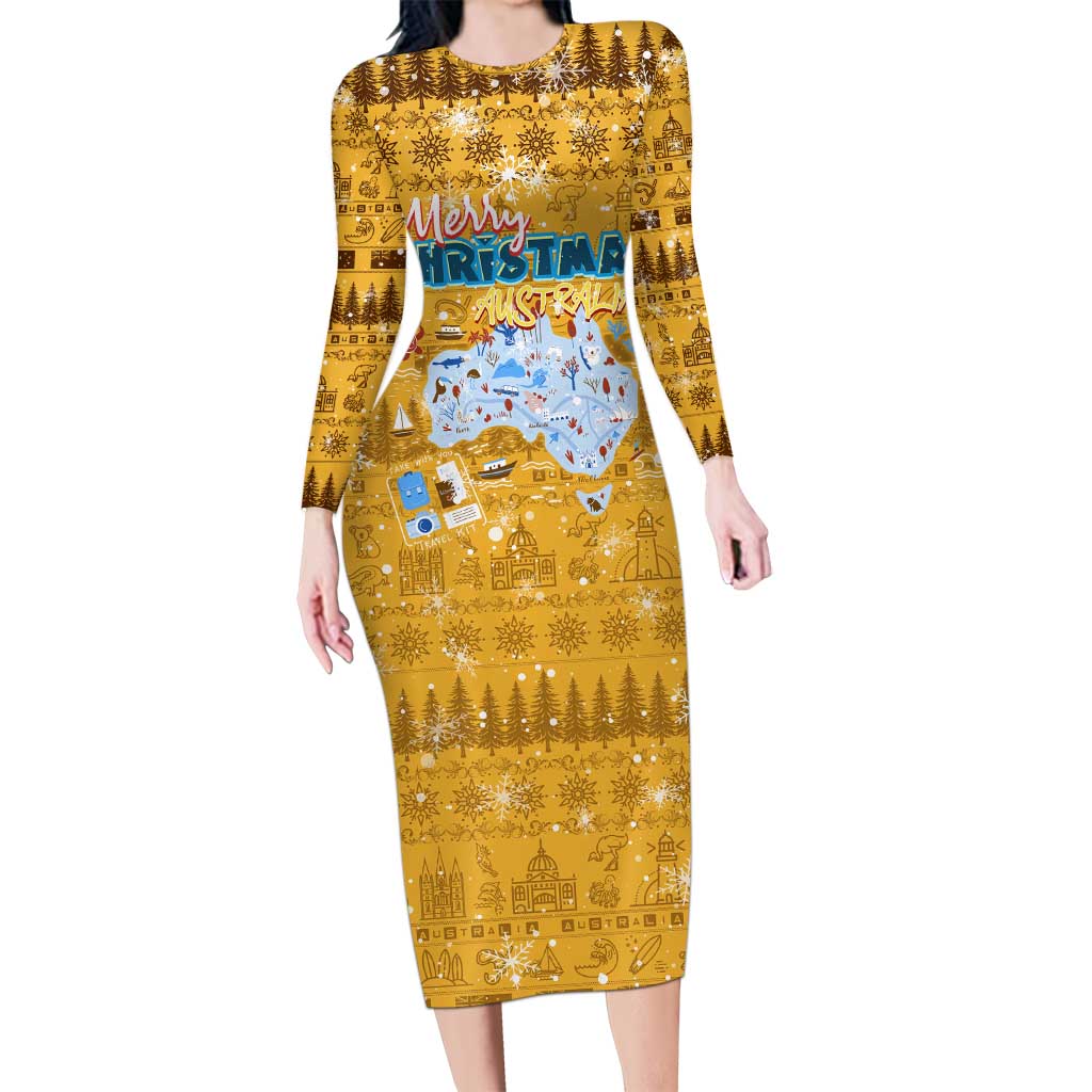 Merry Christmas Australia Long Sleeve Bodycon Dress Xmas Travel Map - Aussie Hoodie
