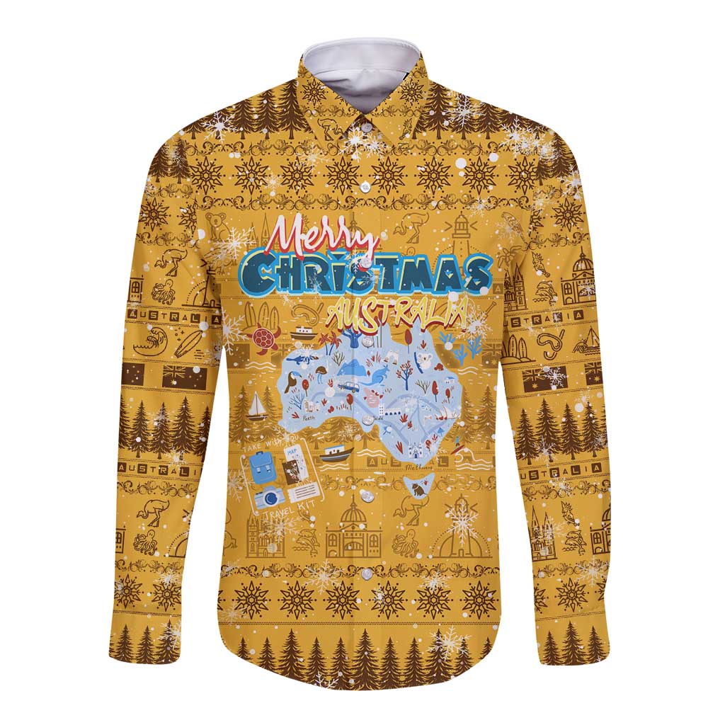 Merry Christmas Australia Long Sleeve Button Shirt Xmas Travel Map - Aussie Hoodie