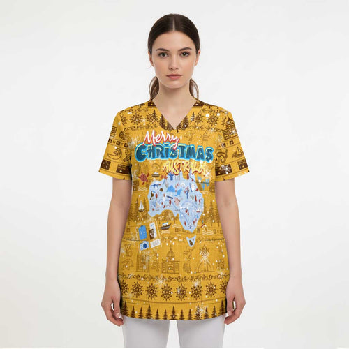 Merry Christmas Australia Scrub Top Xmas Travel Map - Aussie Hoodie