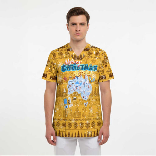 Merry Christmas Australia Scrub Top Xmas Travel Map - Aussie Hoodie