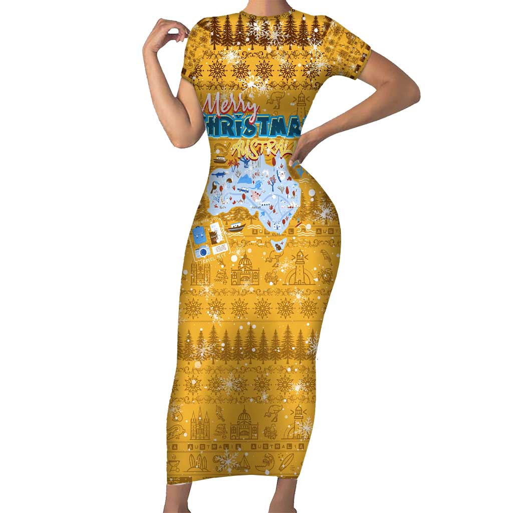 Merry Christmas Australia Short Sleeve Bodycon Dress Xmas Travel Map - Aussie Hoodie
