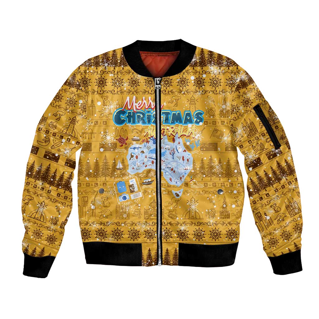 Merry Christmas Australia Sleeve Zip Bomber Jacket Xmas Travel Map - Aussie Hoodie