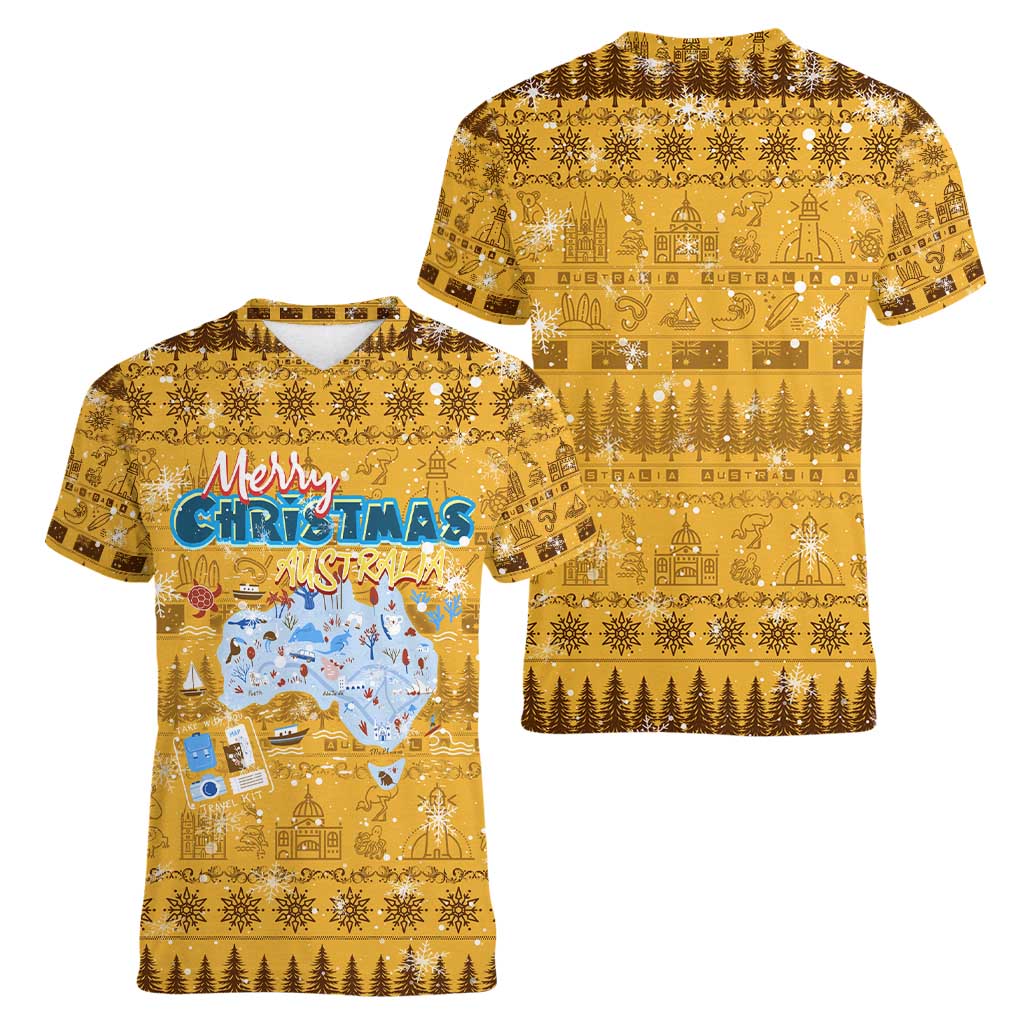 Merry Christmas Australia Women V-Neck T-Shirt Xmas Travel Map - Aussie Hoodie