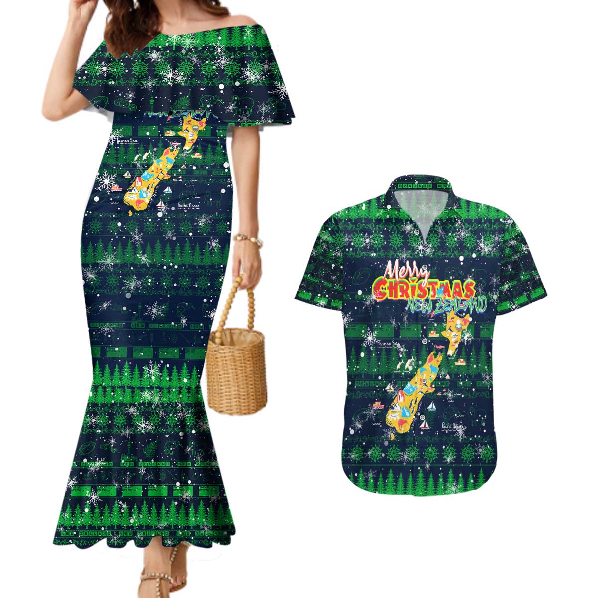 Merry Christmas New Zealand Couples Matching Mermaid Dress and Hawaiian Shirt Xmas Travel Map - Aussie Hoodie