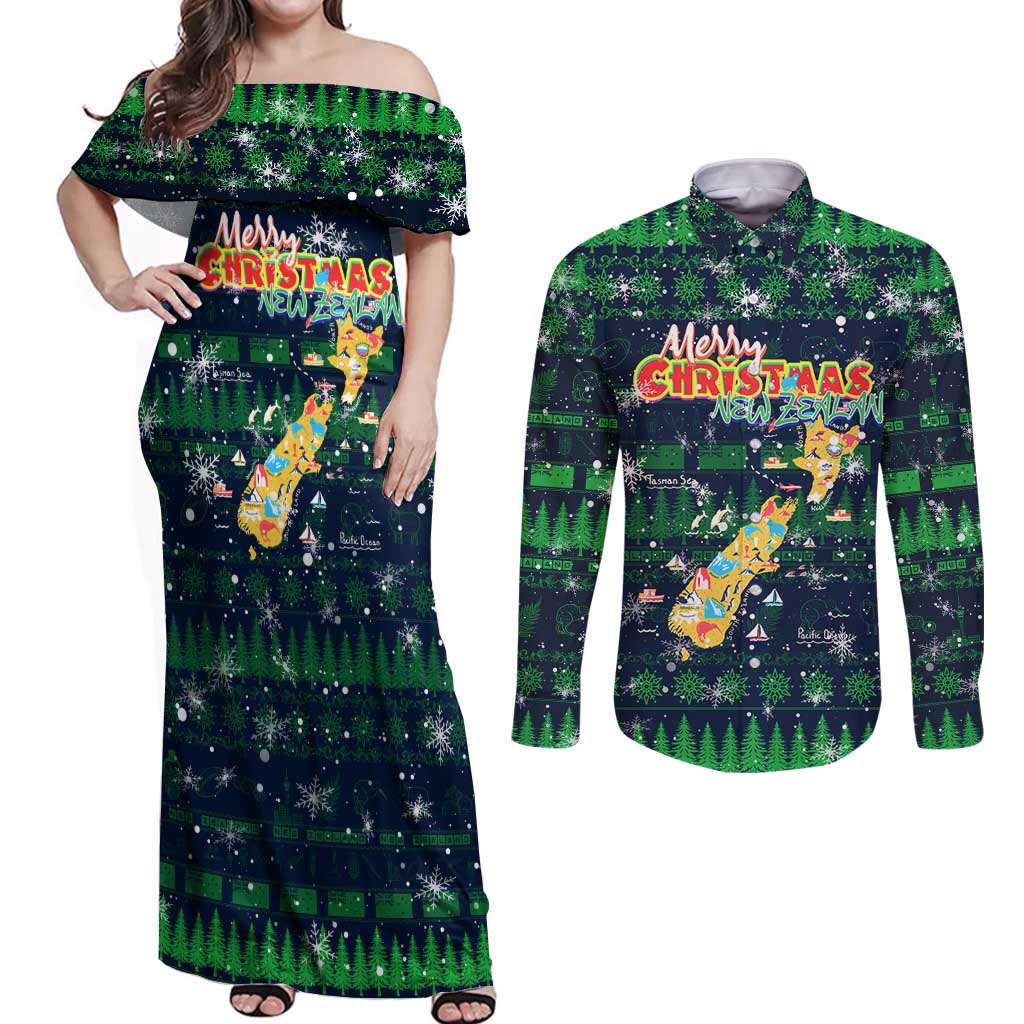 Merry Christmas New Zealand Couples Matching Off Shoulder Maxi Dress and Long Sleeve Button Shirt Xmas Travel Map - Aussie Hoodie