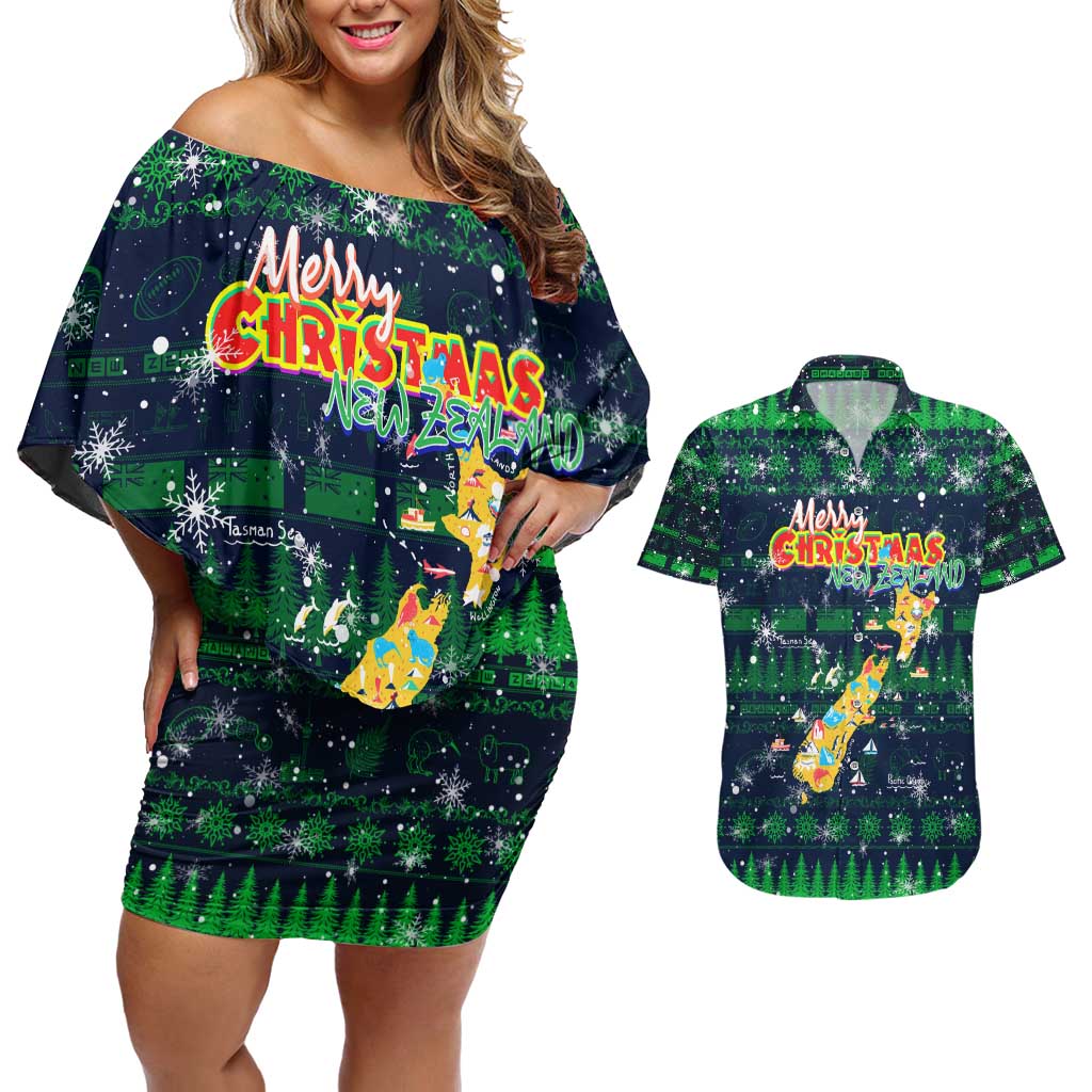 Merry Christmas New Zealand Couples Matching Off Shoulder Short Dress and Hawaiian Shirt Xmas Travel Map - Aussie Hoodie
