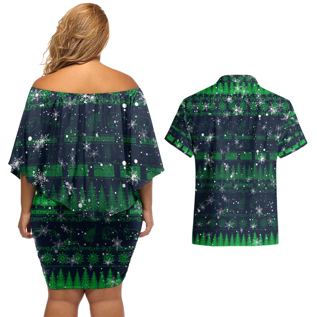 Merry Christmas New Zealand Couples Matching Off Shoulder Short Dress and Hawaiian Shirt Xmas Travel Map - Aussie Hoodie