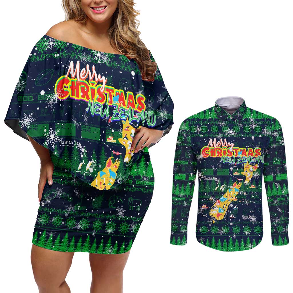 Merry Christmas New Zealand Couples Matching Off Shoulder Short Dress and Long Sleeve Button Shirt Xmas Travel Map - Aussie Hoodie